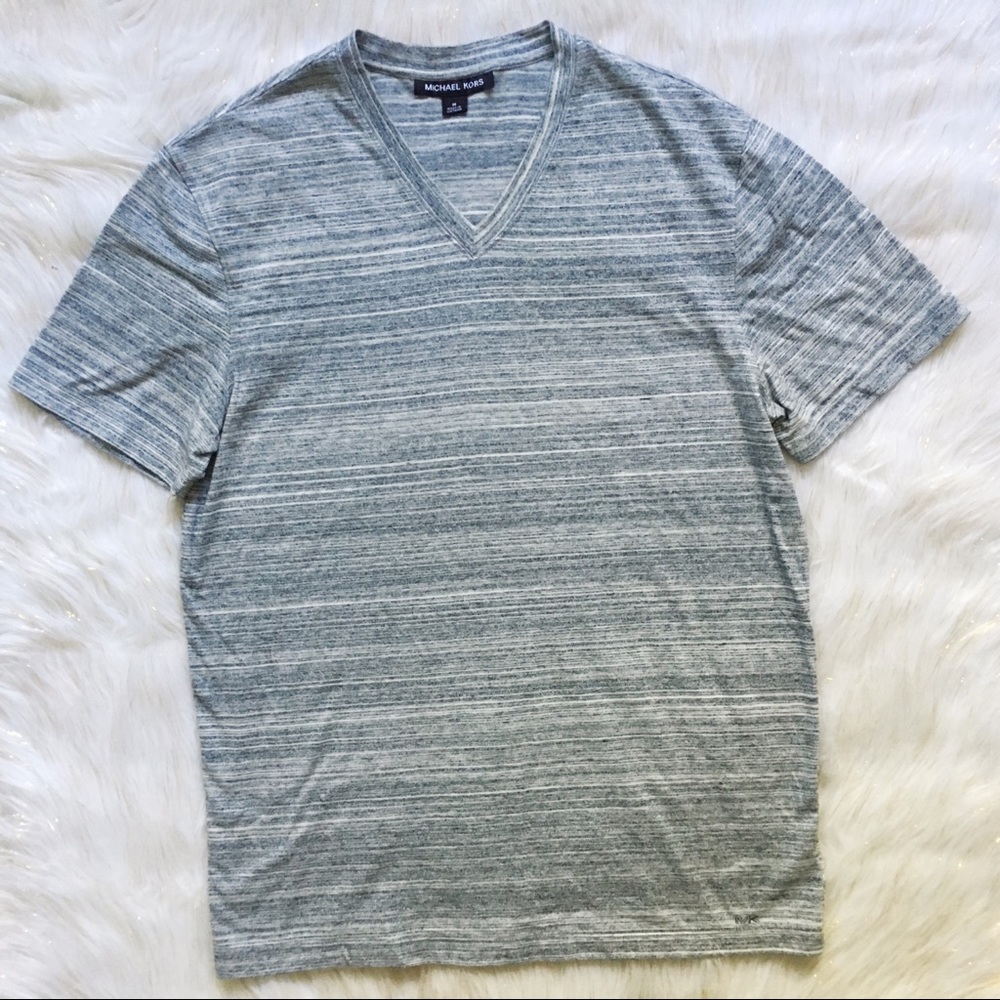 Michael Kors Gray Striped V-Neck Tee - Picture 1 of 6